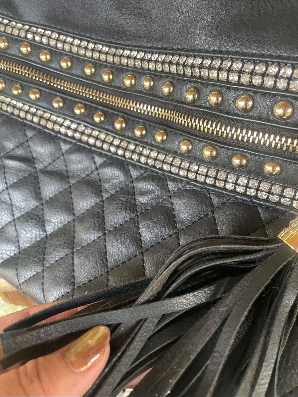 Black Quilted Shoulder Bag with Tassel and Chain Strap - Picture 5 of 9